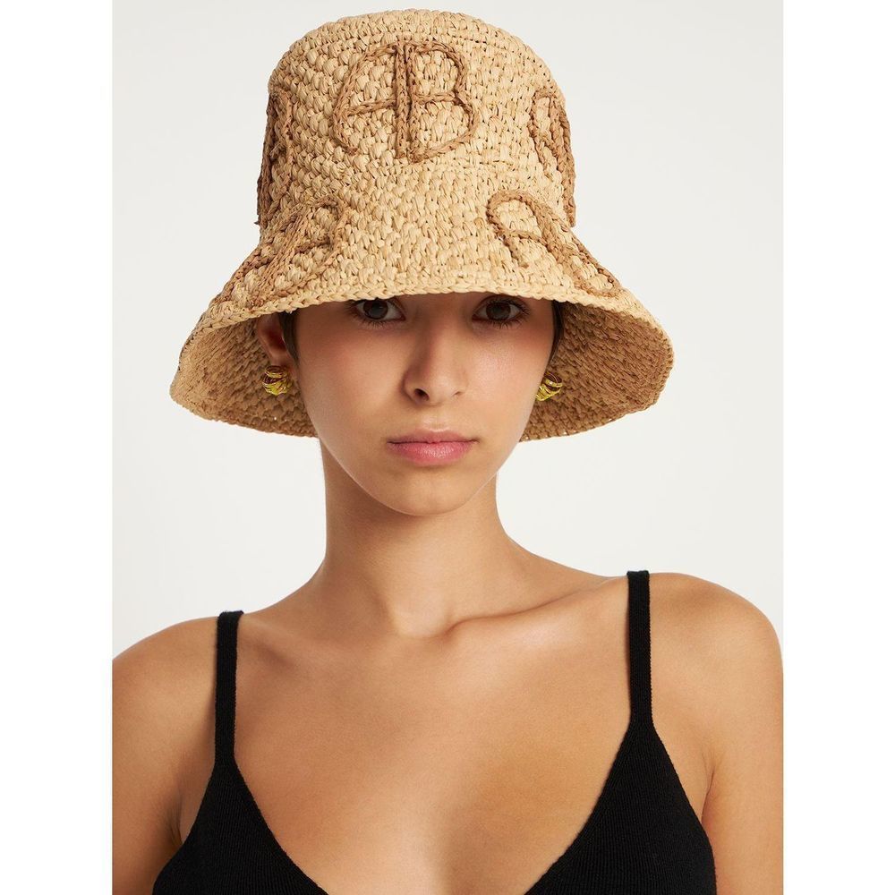 Anine Bing Natural Straw Bucket Hat with Embroidered Logo